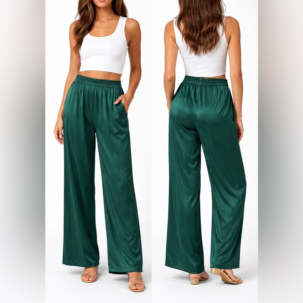 Chloe Kristyn Emerald Green Rayon Viscose Wide Leg Pull On Pants‎ Small